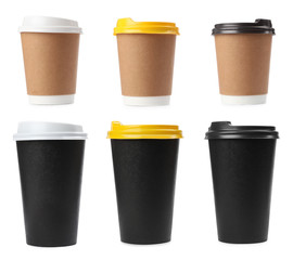 Set of paper coffee cups on white background