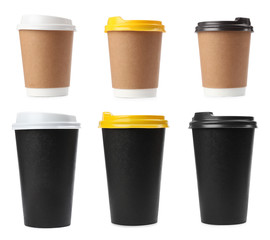 Set of paper coffee cups on white background