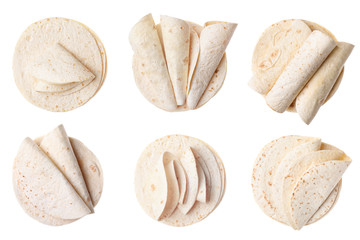 Set of corn tortillas on white background, top view