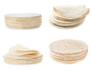 Set of corn tortillas on white background
