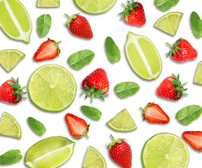 Layout with fresh limes, strawberries and mint leaves on white background, top view