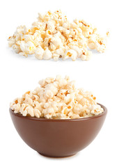 Collage with tasty popcorn on white background