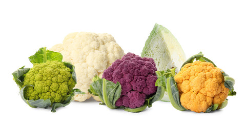 Set with different fresh cabbages on white background. Banner design