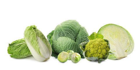 Set with different fresh cabbages on white background. Banner design