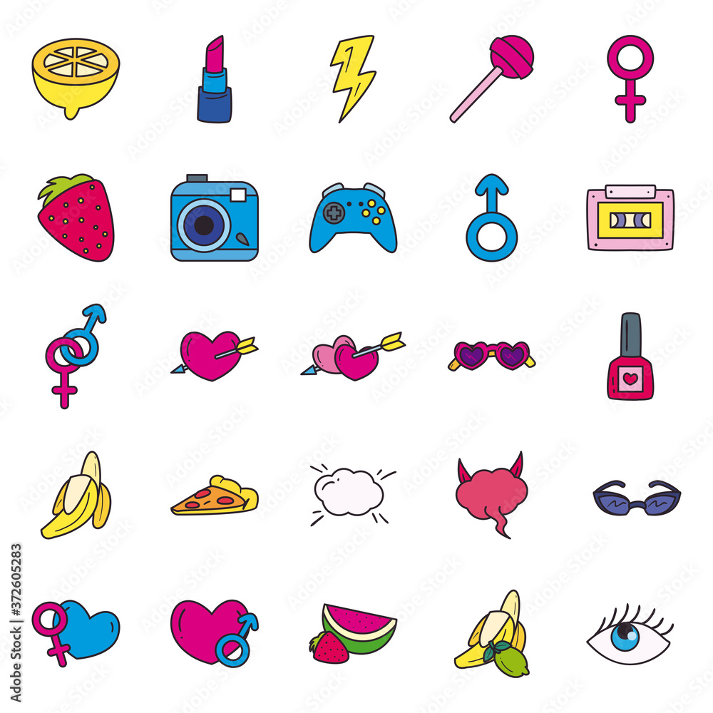 Poster pop art line and fill style icons group vector design