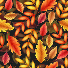 Seamless watercolor pattern with hand drawn autumn leaves and branches isolated on black background. Botanical illustration for textile, print, invitation, card, wallpaper, home decor, fabric