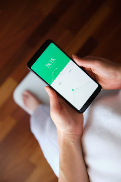 From above crop anonymous female in pajama standing on wooden floor near smart digital weight scale and using BMI control application on mobile phone with touchscreen