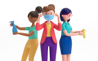 COVID-19 hygiene promotion with wearing a face mask, sanitizing with alcohol and washing your hands,COVID-19 pandemic, reduce the spread of germs, viruses and bacteria.3d rendering,conceptual image.