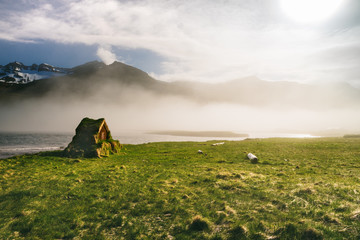 Spectacular scenery of small shack covered with moss and located near lake and mountain in foggy morning