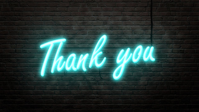 Thank you  neon sign emblem in neon style on brick wall background
