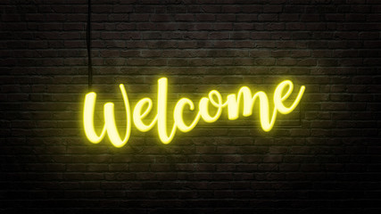 welcome neon sign emblem in neon style on brick wall background