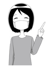 マスク姿の笑顔で指をさし案内をする女性のグレースケールのモノクロイラスト