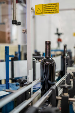 Bottle of wine without label on conveyor line in modern equipped manufacture factory