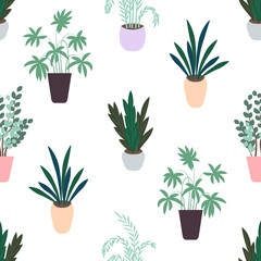 Flowers in pots. Seamless pattern. Botany painted in pastel colors. Flat illustration isolated on white background.