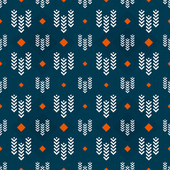 Seamless Christmas pattern of geometric shapes on a blue background. Design for textile, poster, banner. Vector illustration