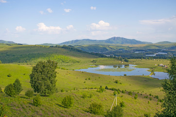 Fototapeta na wymiar blue lake around Altai mountains beautiful landscape in summer
