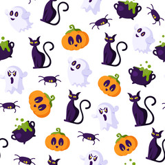 Halloween cartoon seamless pattern - creepy pumpkin lanterns with scary faces, ghost, black witches cat, cauldron, spider, traditional holiday symbols on white background, vector seamless texture