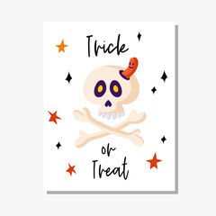 Halloween cartoon greeting card or nursery poster - skull or skeleton with creepy face and worm on white background, copy space for your text, pre-made vector template