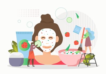 Tiny beauticians applying diy natural mask on woman face, vector flat illustration