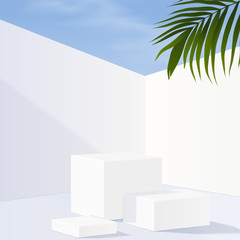 Minimal geometric, white marble podium with sky background and leaves. product presentation, mockup, scene to show cosmetic product, Podium, stage, pedestal or platform. simple clean design, 3d vector