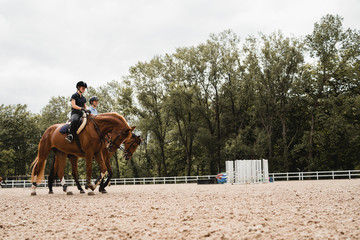 Ground level of female jockeys in uniform sitting in saddles and riding horses on sandy paddock during training