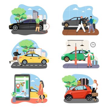 People and cars in their life composition set, flat vector isolated illustration