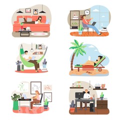 Freelance people working on computer from home office, beach, cartoon character set, flat vector isolated illustration