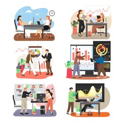 Fototapeta premium Office scene set with business people working together, training, taking coffee break, flat vector isolated illustration