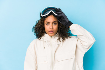 Young african american skier woman isolated being shocked, she has remembered important meeting.
