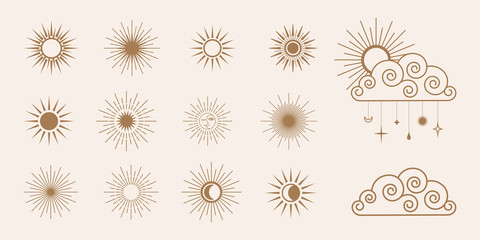 Retro Sunburst shapes and clouds. set of sun symbols vector illustration of sun and clouds