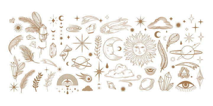 big hand drawn set of celestial bodies and mystic magical elements in vintage boho style