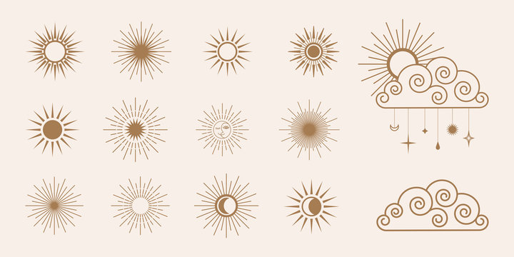 Retro Sunburst shapes and clouds. set of sun symbols vector illustration of sun and clouds