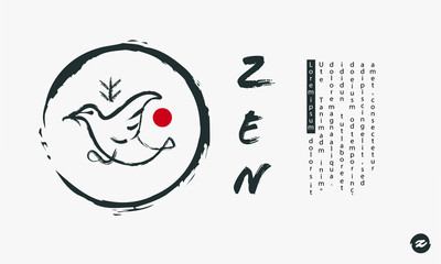 Bird logo banner in Zen concept design for business, Japanese restaurant, healthy food, peace, art and decoration in Japanese style with ink brush calligraphy.