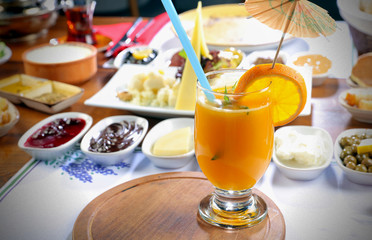 orange juice on breakfast table