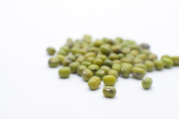 mung beans, green beans closed up  isolated on white background