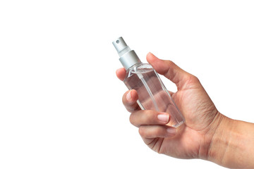 alcohol hand spray bottle in hand