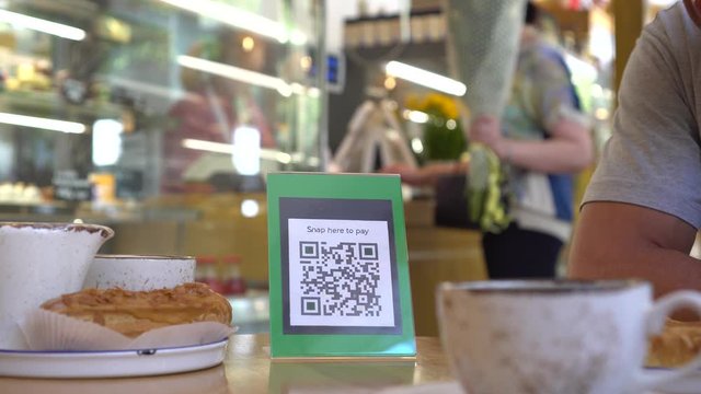 Display with QR code in the store. QR code payment is a contactless payment method by scanning a QR code from a mobile app. Shopping and E-commerce