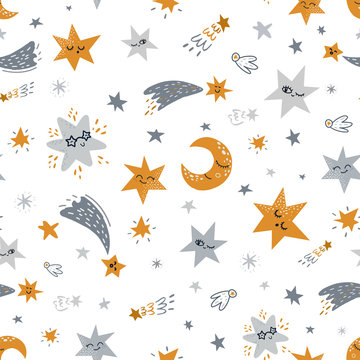 Baby seamless pattern with planets, stars and spaceship