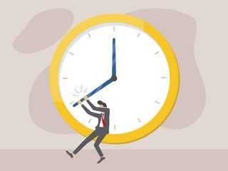 businessman is trying to stop time. Deadline and time management concept. Modern flat vector illustration.
