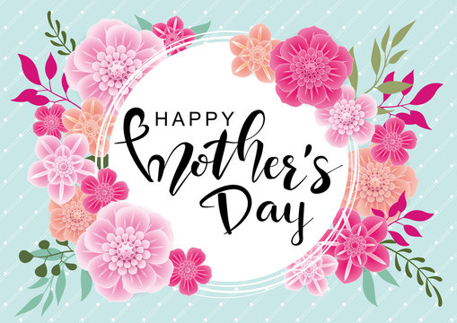 Happy Mother's Day greeting card with 3d flowers on green background.  Vector illustration for women's day, shop, easter, invitation, banners, discount, sale, flyer, poster, decoration.