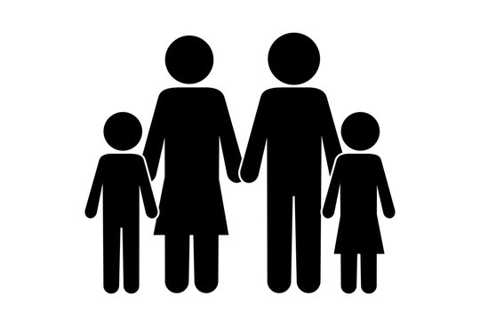 Vector icon of parents with children. Black silhouette of a family. Black White Family Illustration. Stock photo.