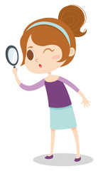 A cute cartoon girl use a magnifying glass to look for something