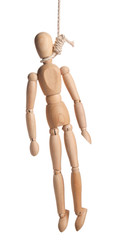 Hanged wooden human figure on white background