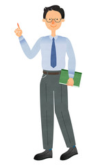書類を持って指差しをするスーツ姿のメガネの男性