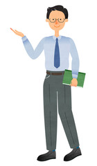 書類を持って案内をするスーツ姿のメガネの男性