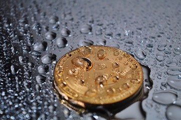 Close-up of physical bitcoin or Litecoin with waterdrops. Virtual Cryptocurrency concept