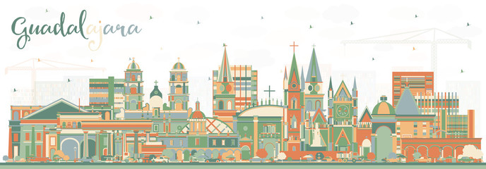 Guadalajara Mexico City Skyline with Color Buildings.