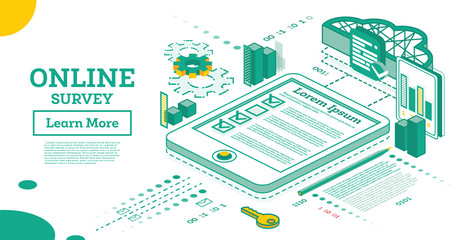 Online Survey. Outline Isometric Concept. Marks in Checklist on Screen of Tablet PC.