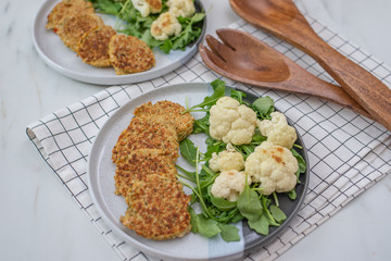 golden fried rosti pile from cauliflower and parmesan cheese