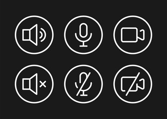 Speaker, Mic and Video Camera related white icons. Basic icons for Video Conference, Webinar and Video chat on black background.